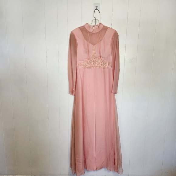 Vintage Dresses & Skirts - Vintage Pink Floral Mod Party Dress Taffeta Formal Gown High Neck 60s Small